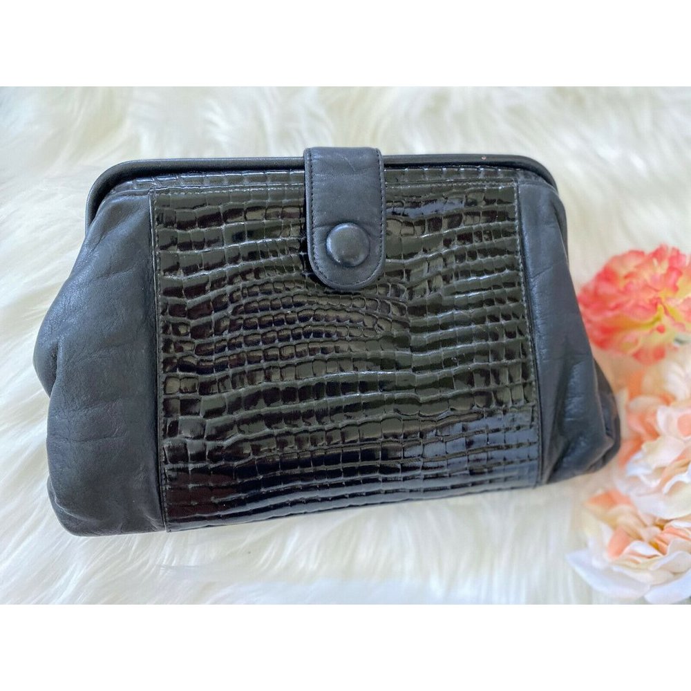 Vtg Jennifer Moore Blk Leather Reptile Clutch‎ Bag
